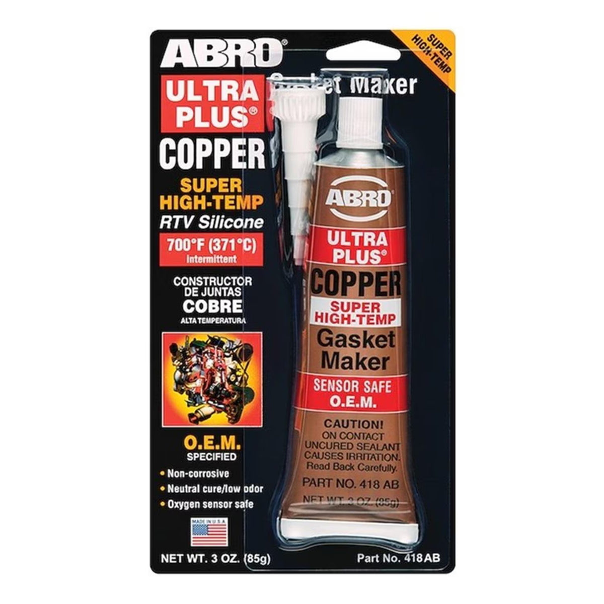 ABRO Ultra Plus Copper super high-temp RTV silicone gasket maker 3 oz, rated 700F intermittent, part 418AB