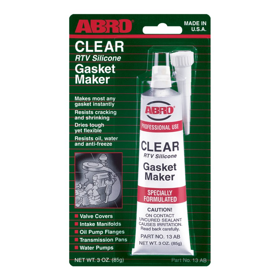 ABRO Clear RTV Silicone Gasket Maker 3 oz tube on green blister card, part number 13 AB