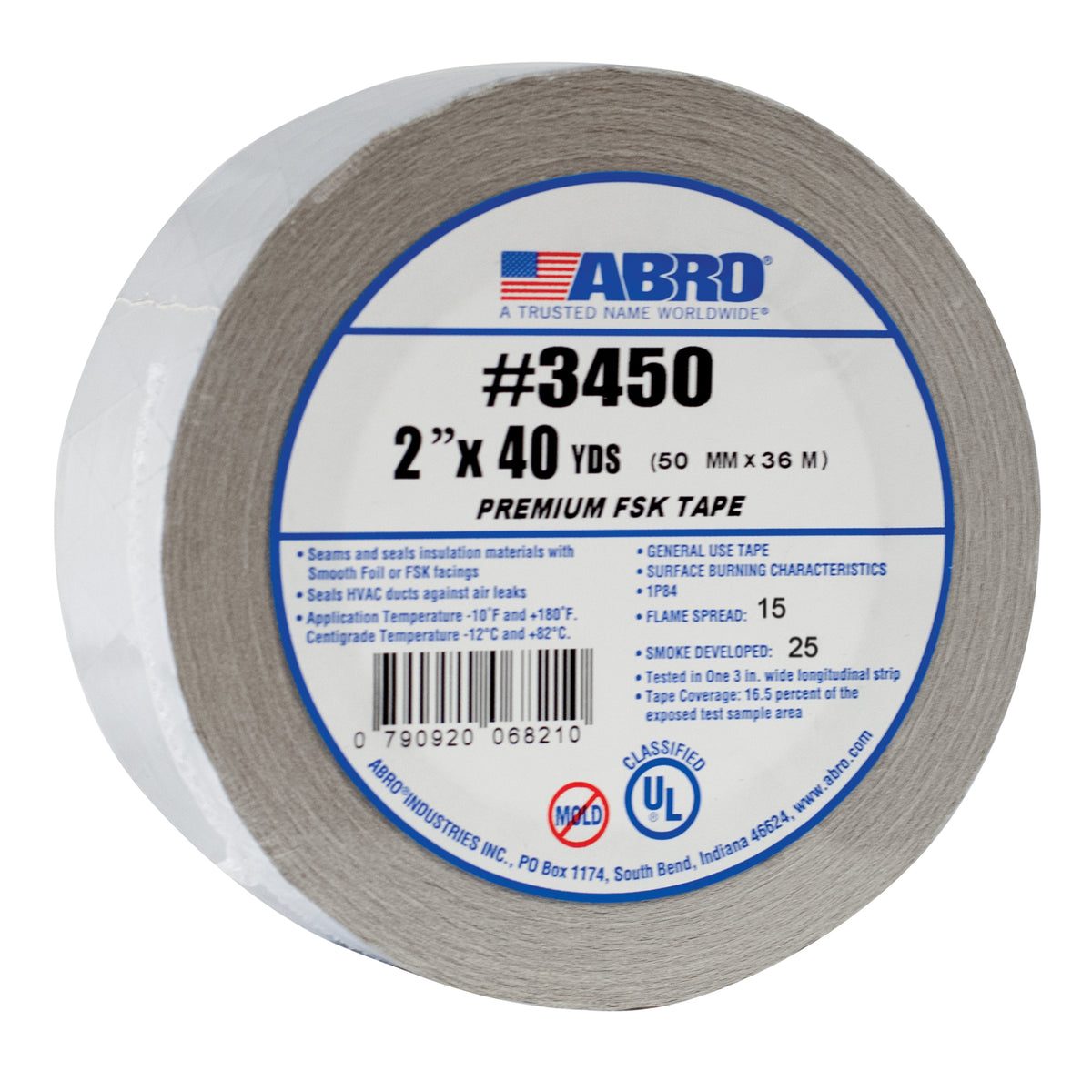 ABRO #3450 Premium FSK Tape 2 inch x 40 yard roll with UL Classified label for HVAC duct insulation