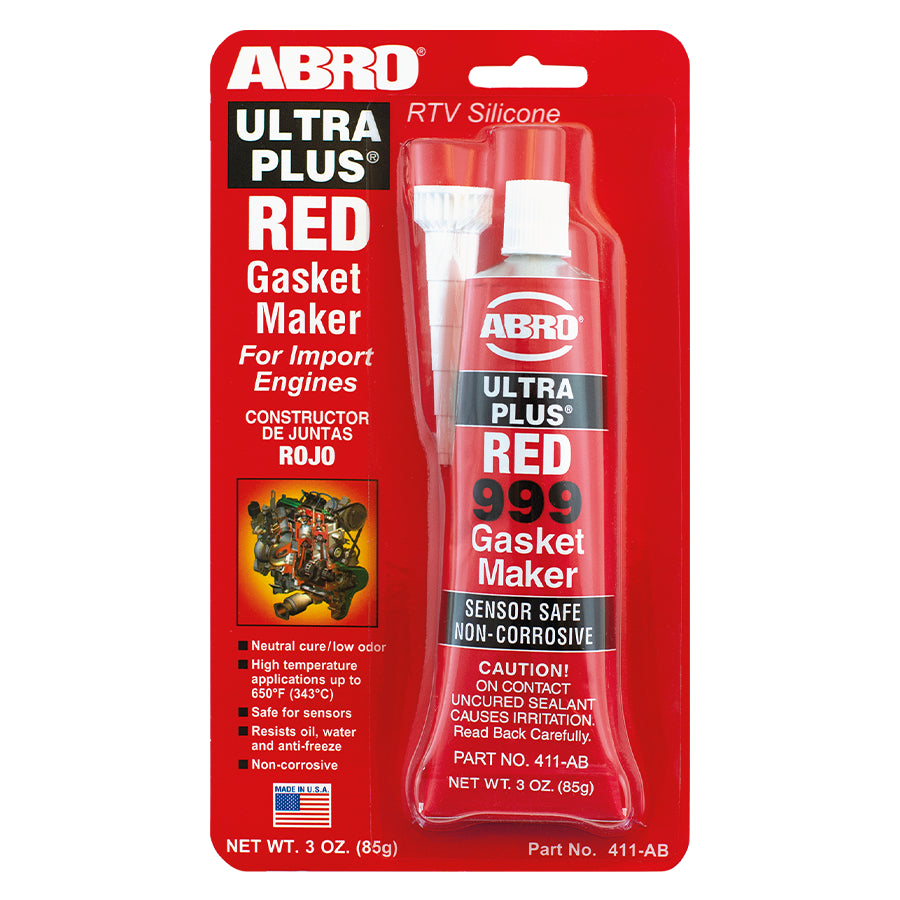 ABRO Ultra Plus Red 999 RTV silicone gasket maker 3 oz tube on red card, sensor safe, part 411-AB