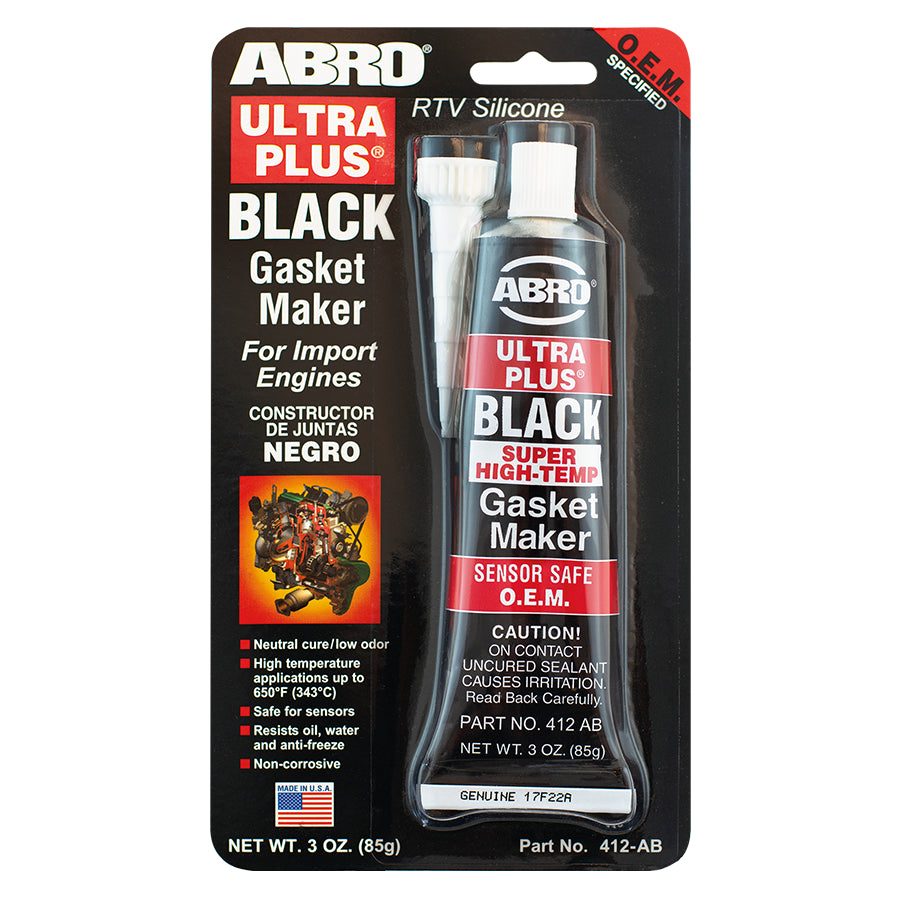 ABRO Ultra Plus Black gasket maker retail card with O.E.M. Specified corner badge and engine graphic